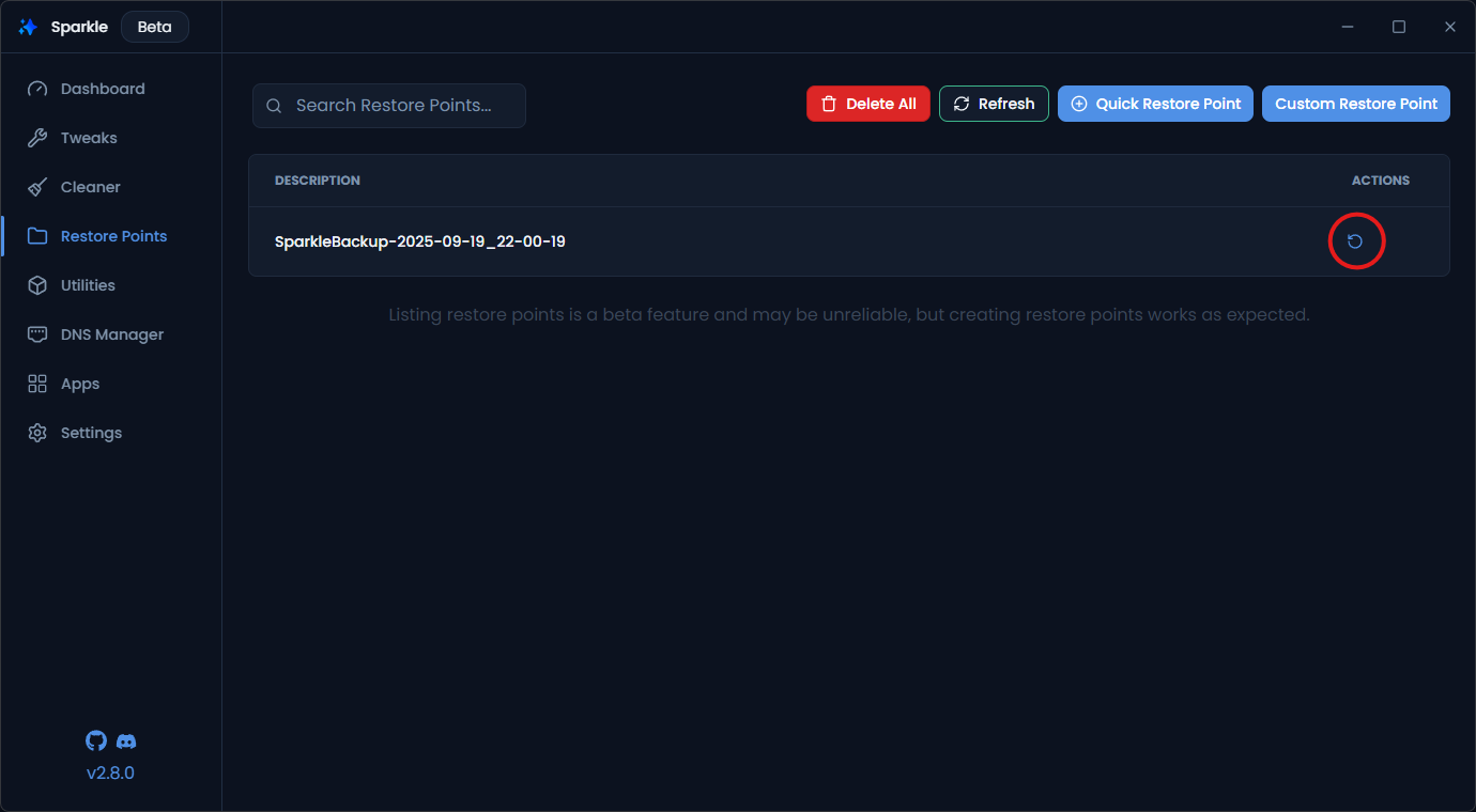 Sparkle Screenshot showing the user how to restore